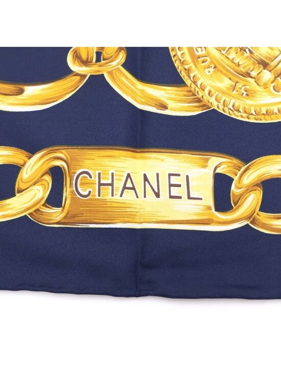 Chanel Cambon Line Chain Belt Pattern Vintage Silk Scarf Navy Gold main image 5